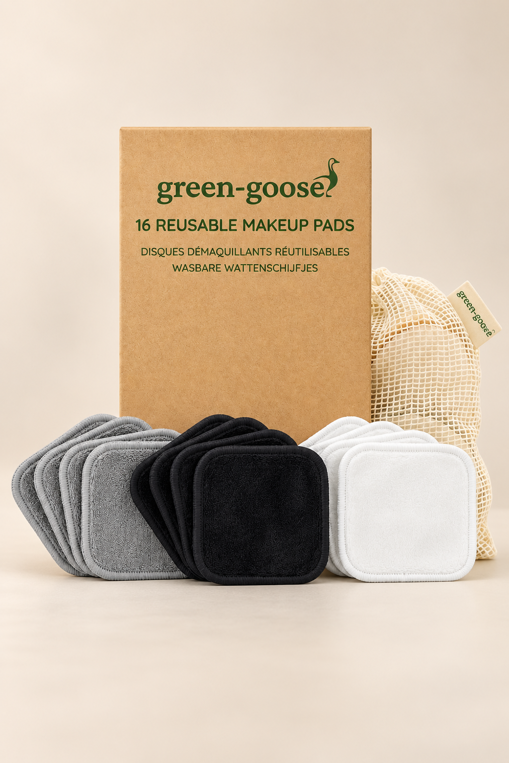 Set van 15 herbruikbare XL wattenschijfjes in grijs zwart en wit met biologisch katoenen waszakje en green-goose verpakking