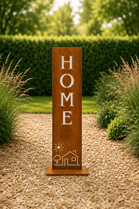 Home roeststandaard in metalen uitvoering opgesteld op de houtschors in de tuin met dieptezicht op een groene haag
