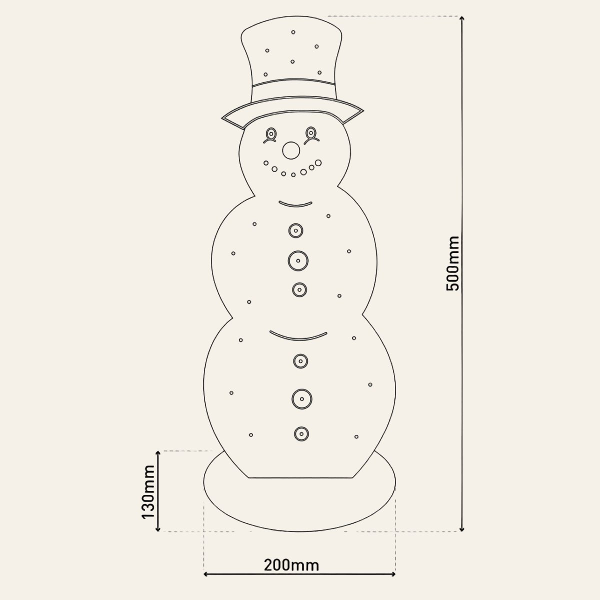 Houten sneeuwpop met LED verlichting 50 cm als detailfoto met afmeting 50x20x13cm