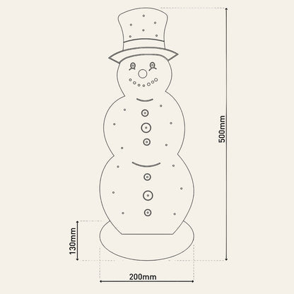 Houten sneeuwpop met LED verlichting 50 cm als detailfoto met afmeting 50x20x13cm