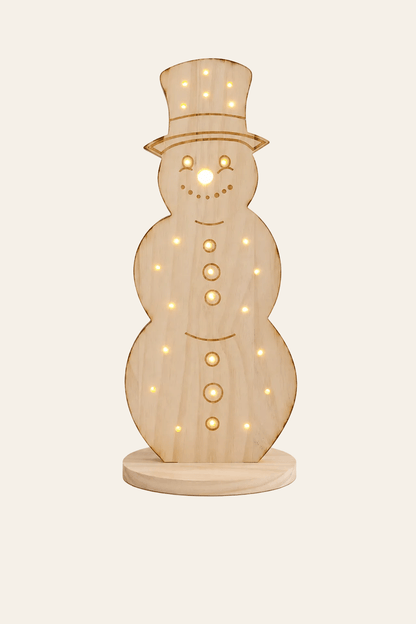 Verlichte houten sneeuwpop van 50 cm met warm brandende LED lampjes als sfeervolle kerstdecoratie