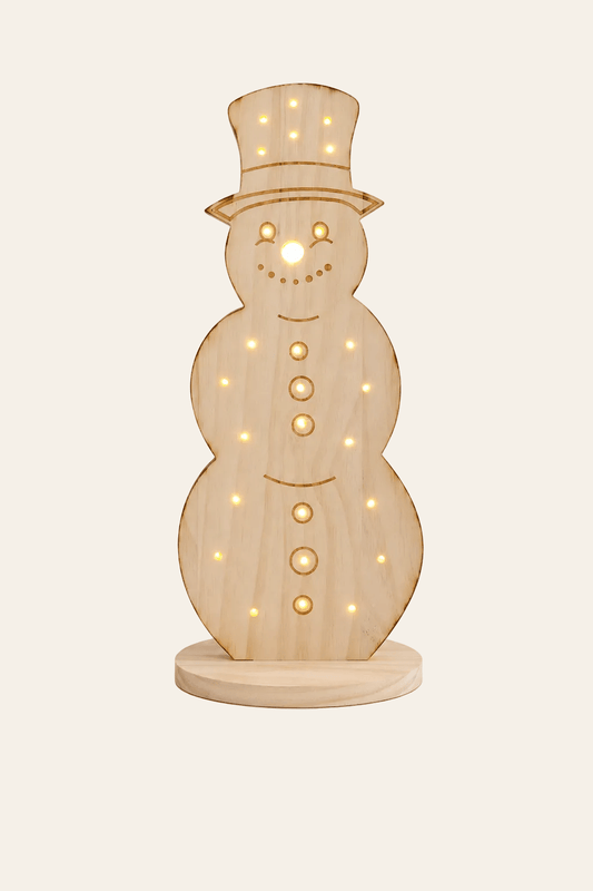 Verlichte houten sneeuwpop van 50 cm met warm brandende LED lampjes als sfeervolle kerstdecoratie