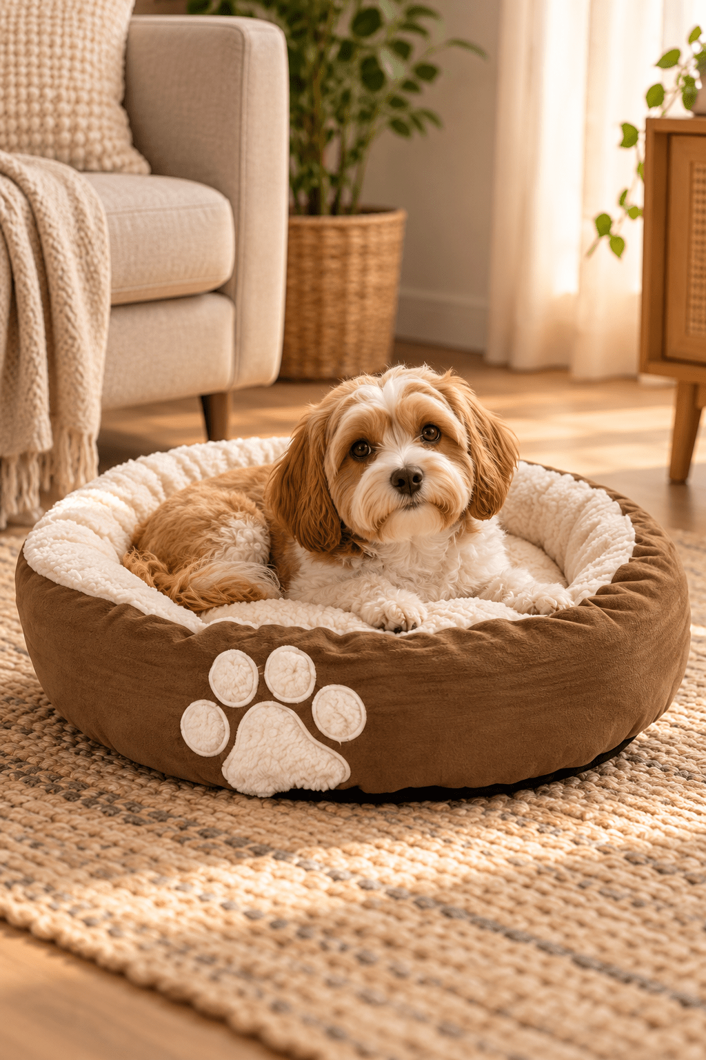 Kleine lichtbruine hond ligt ontspannen in de Hugs ovale hondenmand mocha bruin met crèmekleurige binnenkant en witte pootafdruk in een gezellige woonkamer.
