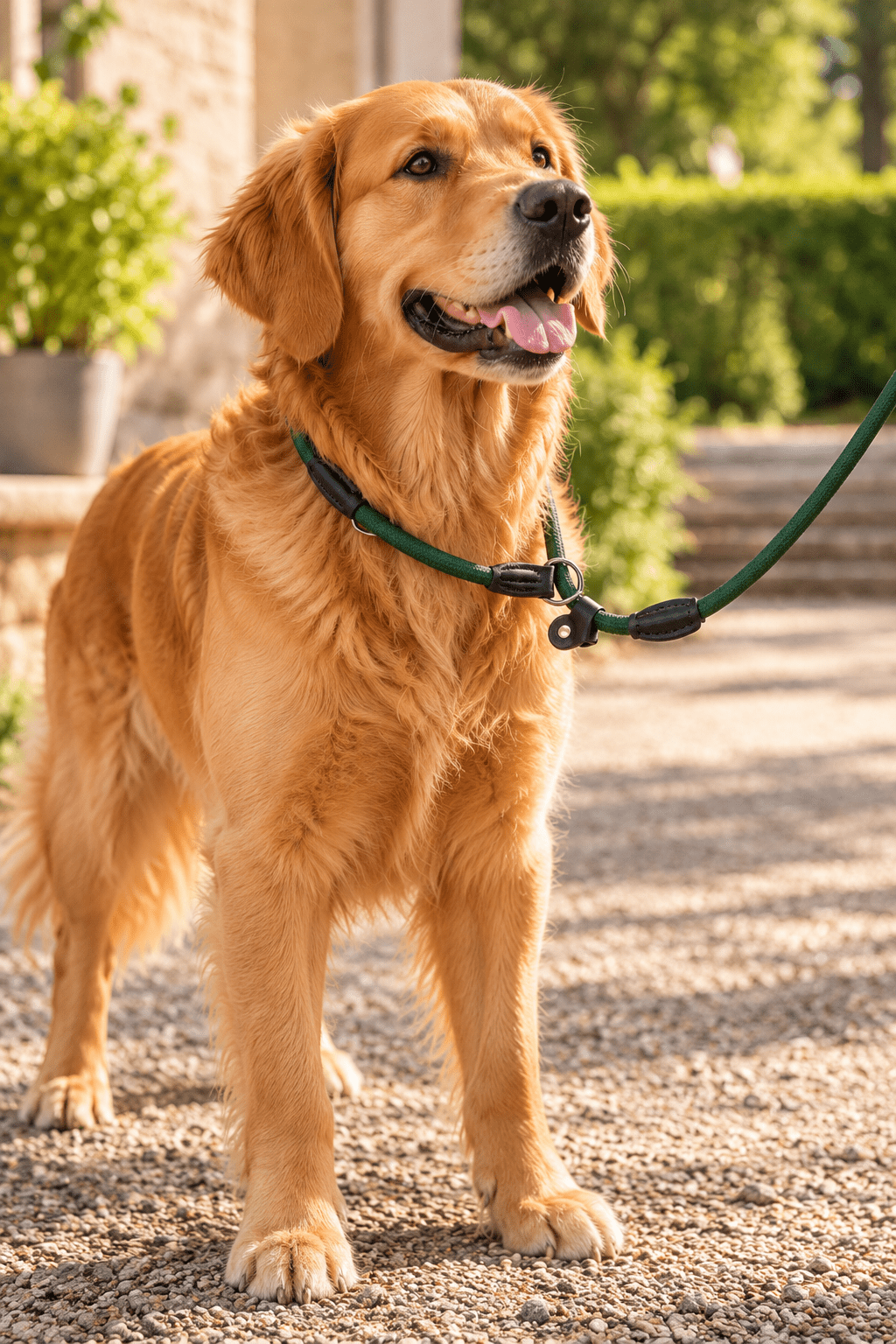 Golden retriever tijdens een wandeling met de Hunter Freestyle donkergroene retrieverlijn van 170cm, met geïntegreerde halslus, veiligheidsstop en leren afwerking.