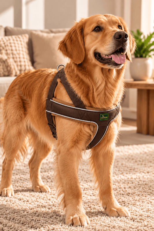 Golden retriever draagt het Hunter Norweger Racing hondenharnas in bruin en cognac met zachte fleecevoering en reflecterende details tijdens een wandeling.