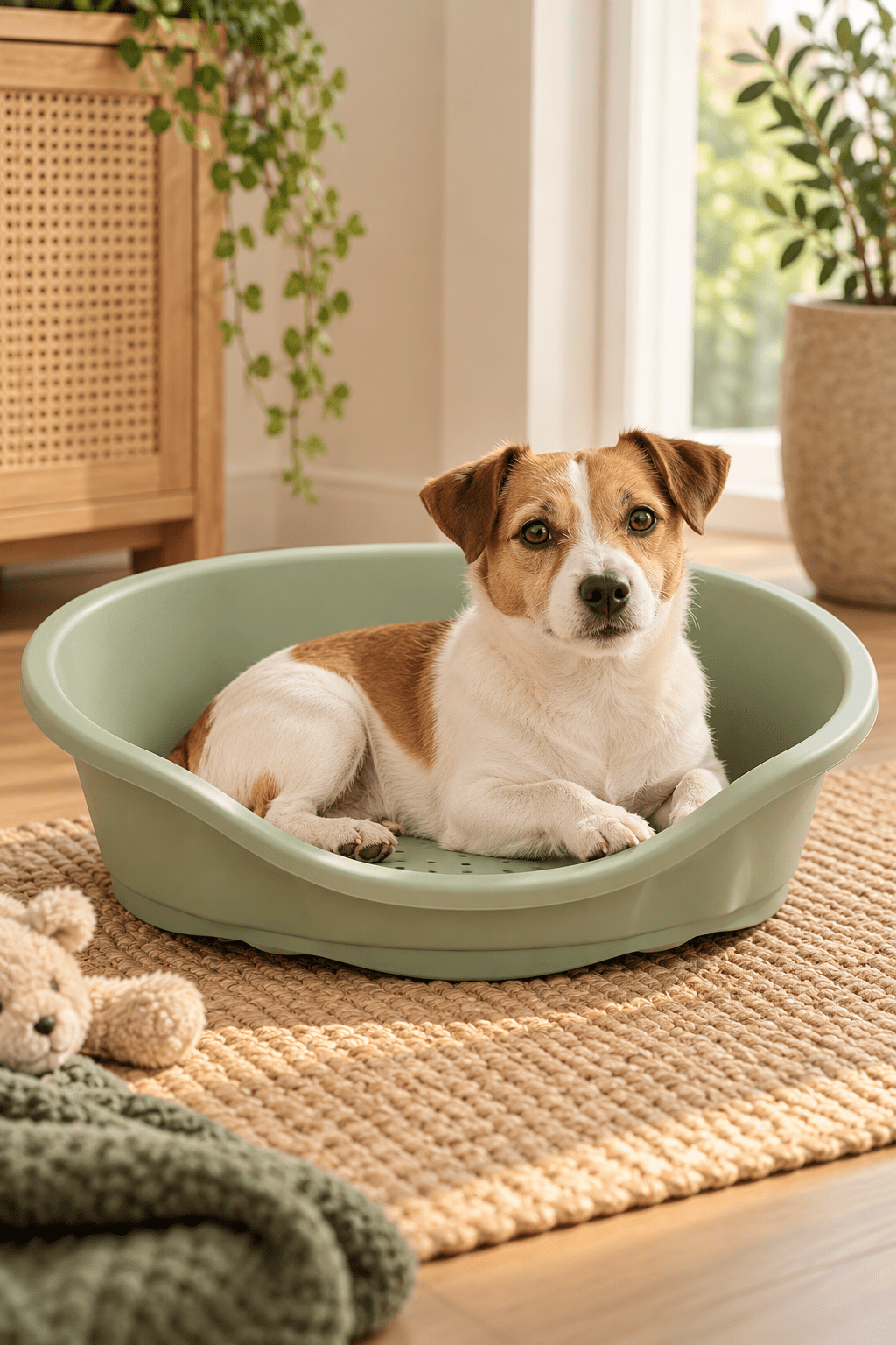 Jack russell ligt ontspannen in een groene Imac Dido kunststof hondenmand van 80 cm in een warme woonkamer met beige interieur.