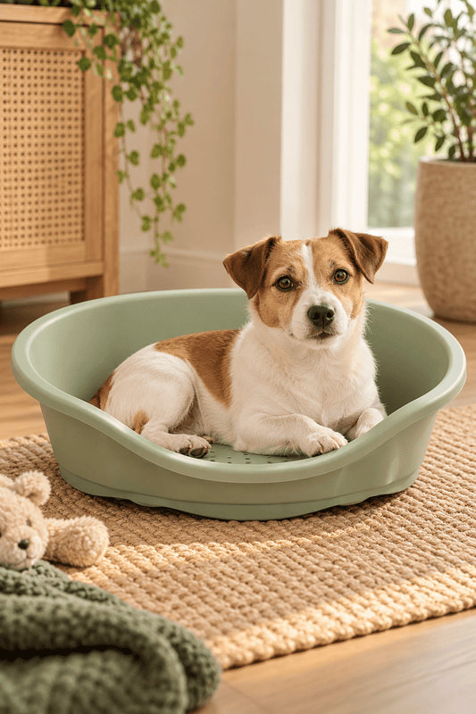 Jack russell ligt ontspannen in een groene Imac Dido kunststof hondenmand van 80 cm in een warme woonkamer met beige interieur.