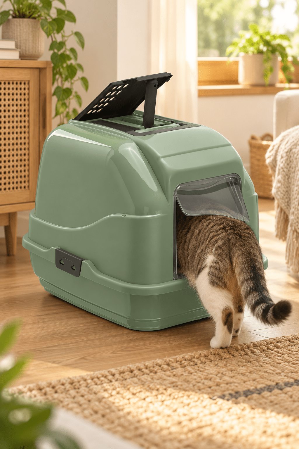 Kat loopt de groene Imac Easy Cat 2nd Life kattenbak binnen in een gezellige woonkamer met natuurlijke lichtinval en licht geblurde achtergrond.
