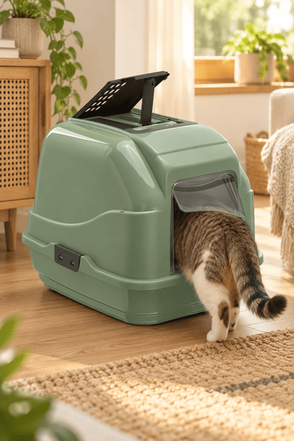 Kat loopt de groene Imac Easy Cat 2nd Life kattenbak binnen in een gezellige woonkamer met natuurlijke lichtinval en licht geblurde achtergrond.