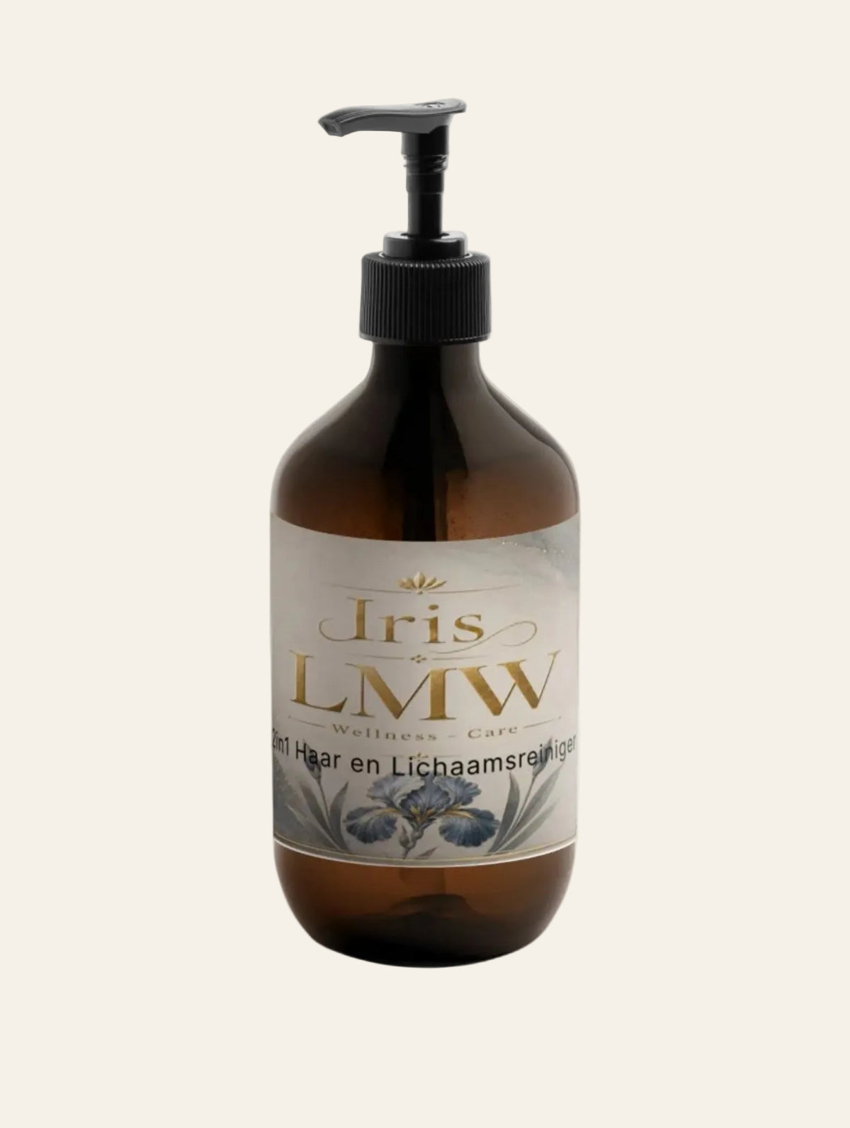 Iris LMW verpakking van 2-in-1 haar- en lichaamsreiniger voor mannen met zichtbaar etiket.