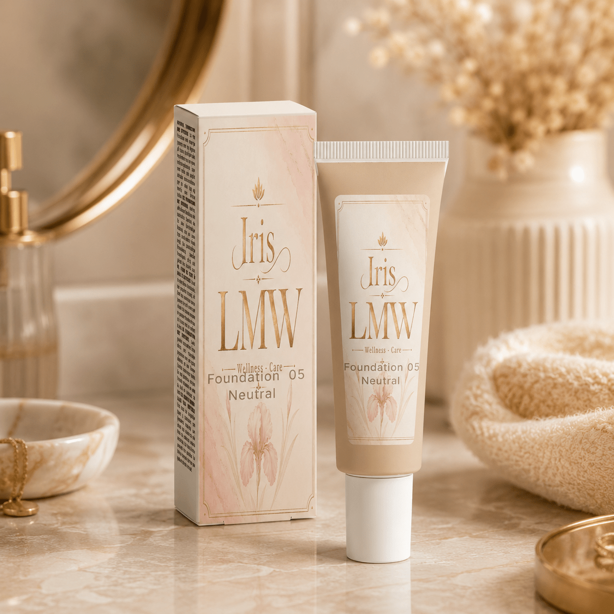Iris LMW foundation tint 05 neutraal als sfeerbeeld voor een egale teint.