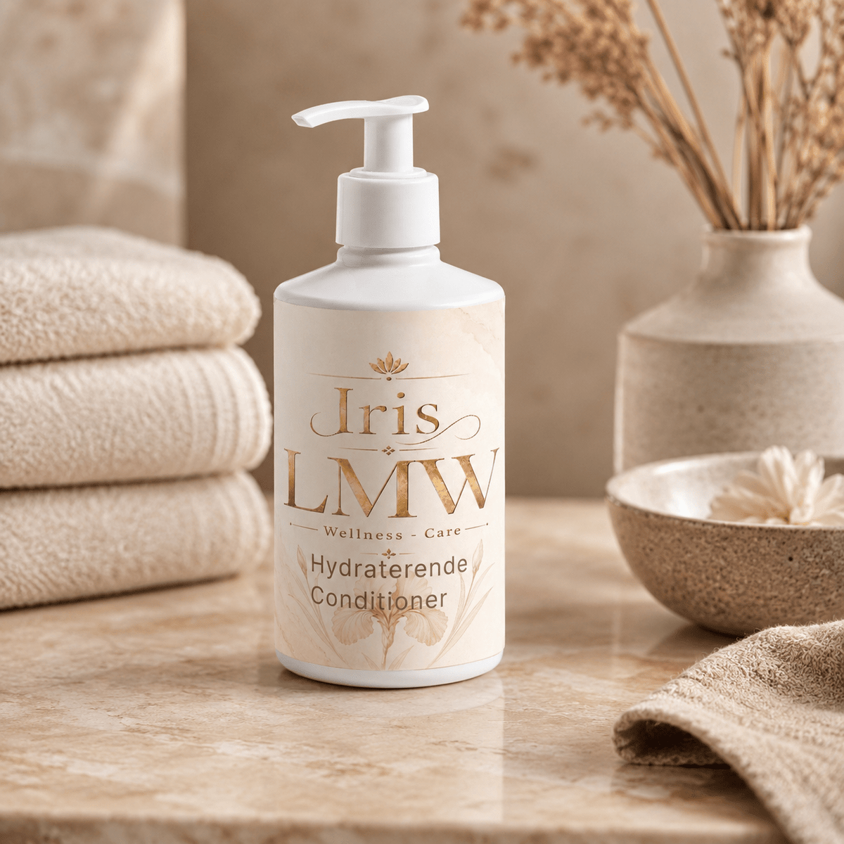 Iris LMW hydraterende conditioner als sfeerbeeld voor droog en normaal haar.