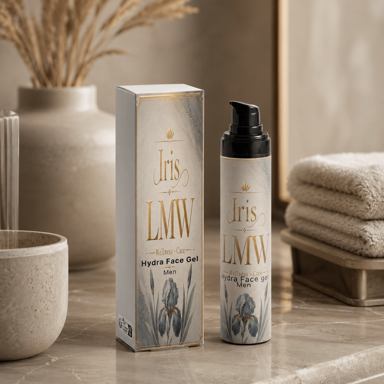 Iris LMW hydraterende gezichtsgel voor mannen als sfeerbeeld voor dagelijkse verzorging.