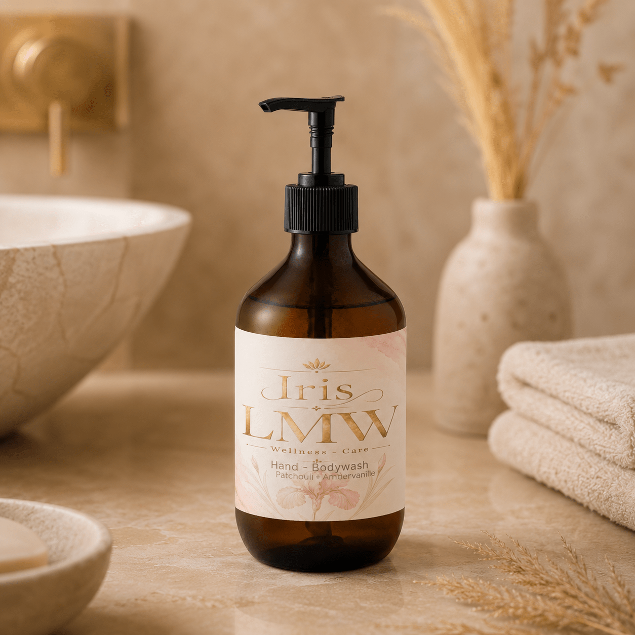 Iris LMW lichaamszeep met patchouli amber en vanille als sfeerbeeld.