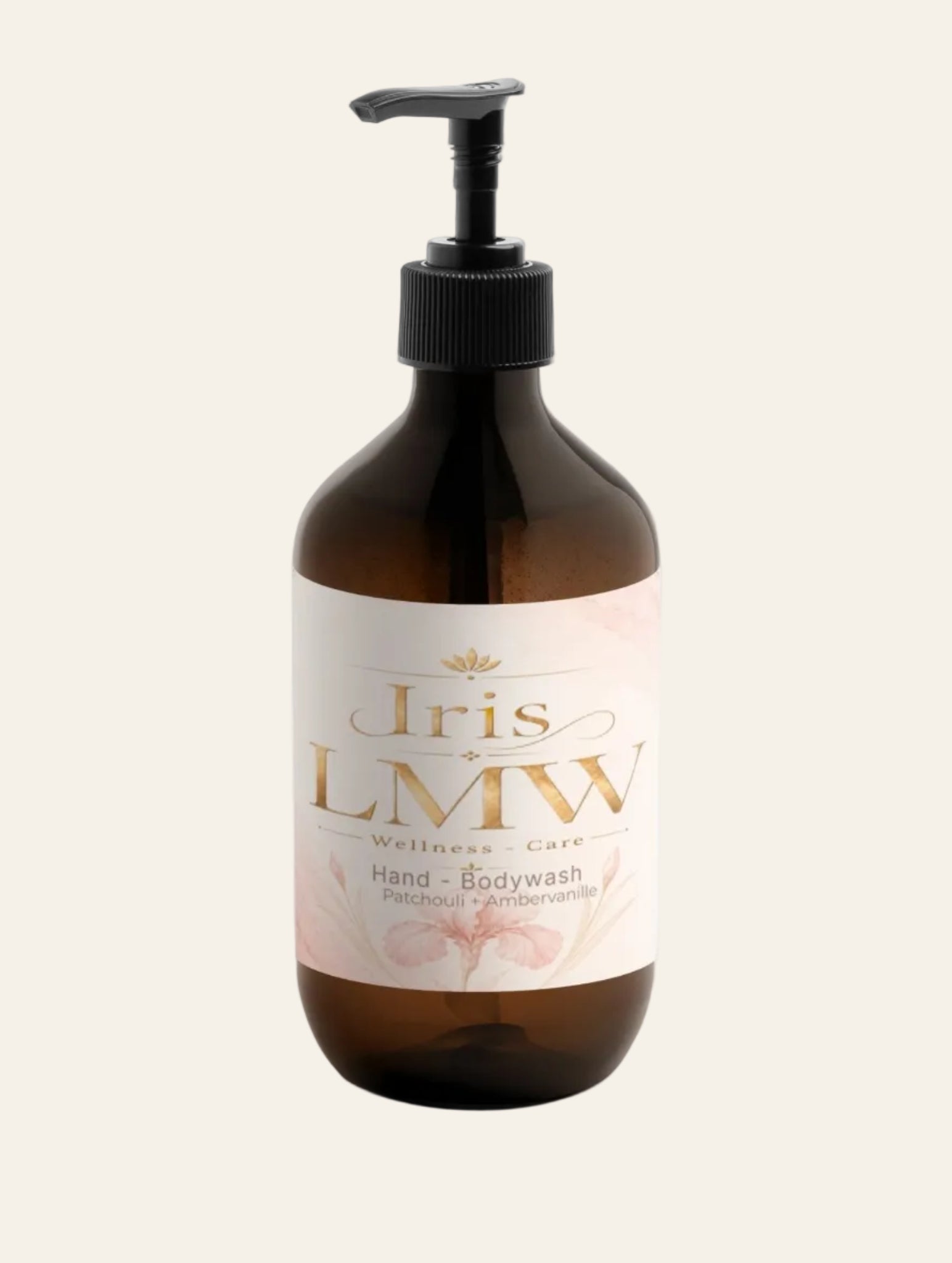 Iris LMW fles lichaamszeep met patchouli amber en vanille met zichtbaar etiket.