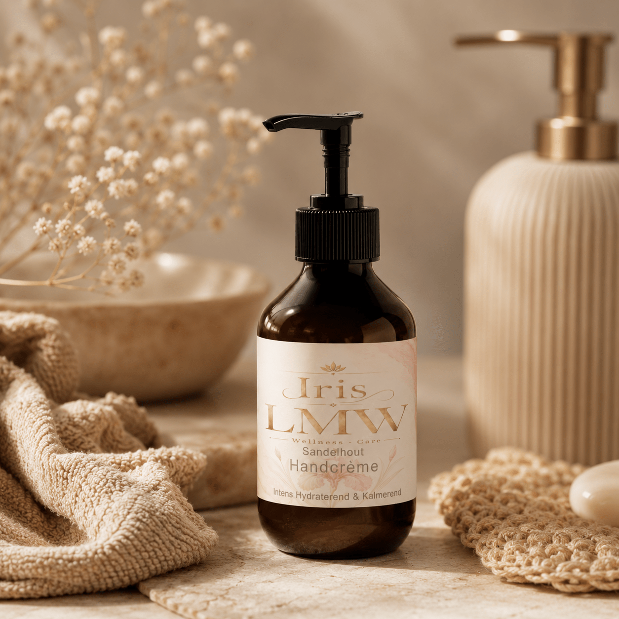 Iris LMW rijke handcrème met sandelhoutgeur als sfeerbeeld voor handverzorging.