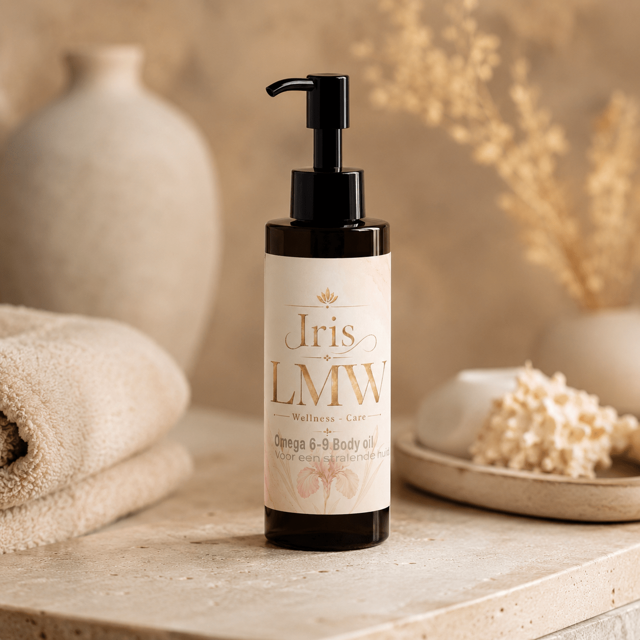 Iris LMW voedende bodyolie als sfeerbeeld voor dagelijkse lichaamsverzorging.