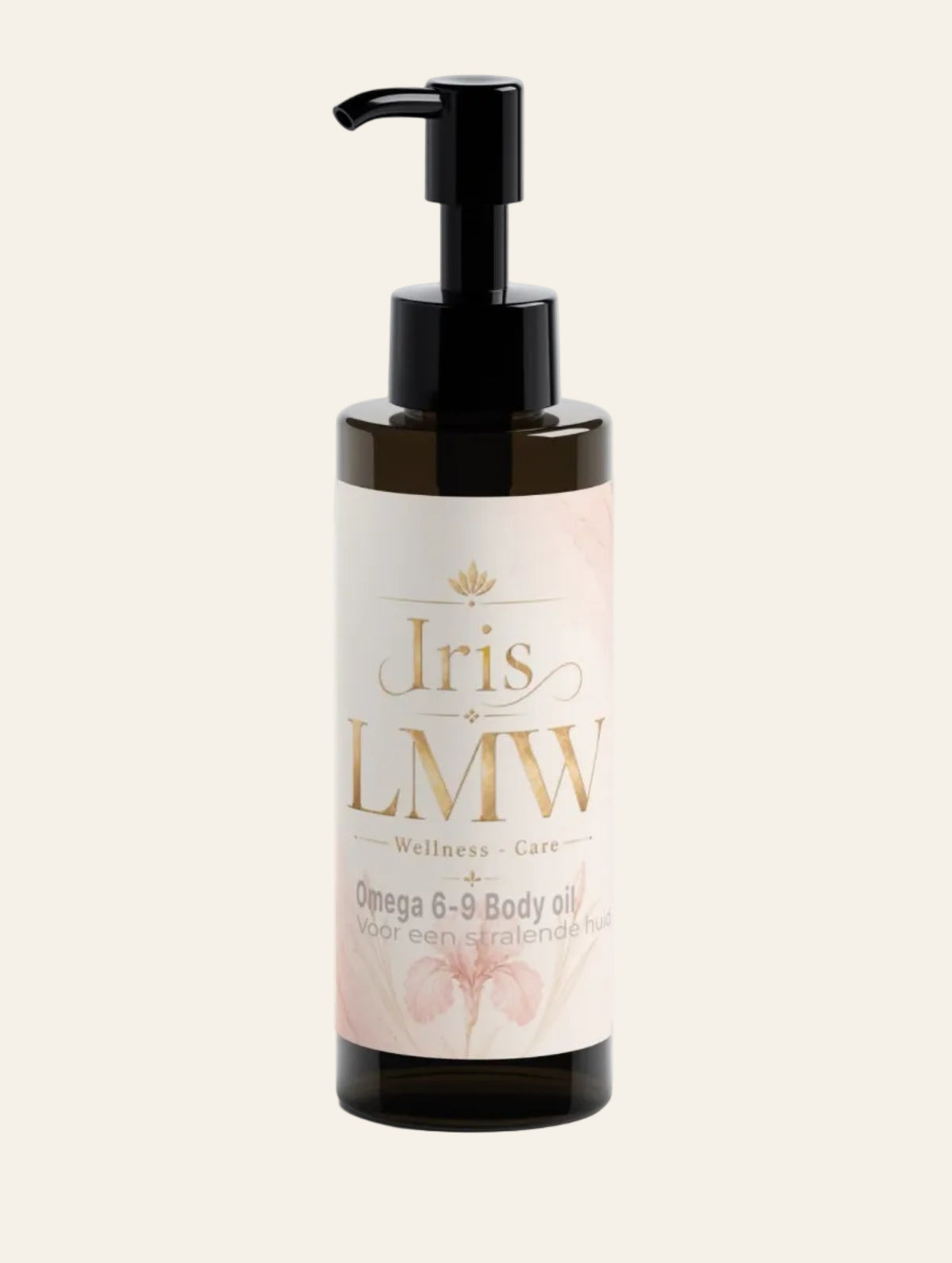 Iris LMW fles bodyolie voor een stralende huid met zichtbaar productetiket.