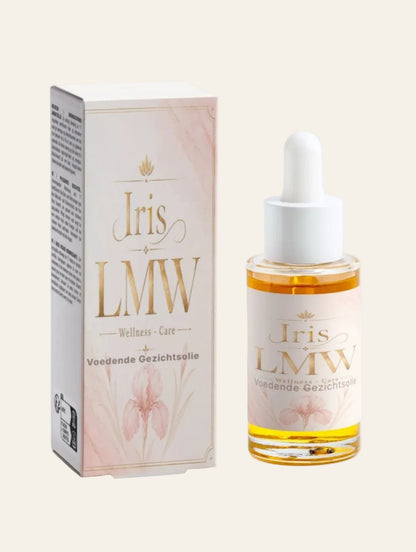 Iris LMW verpakking van voedende gezichtsolie met zichtbaar productetiket.