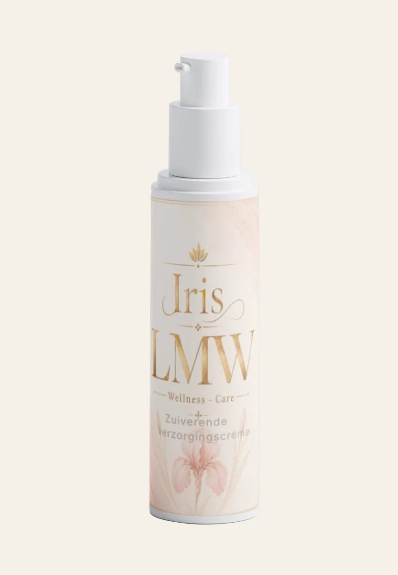 Iris LMW zuiverende verzorgingscrème in flacon met zichtbaar productetiket.