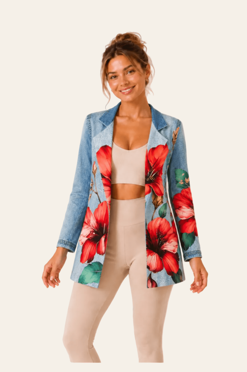 Italiaanse mode casual denim look dames blazer met een grote bloemenprint