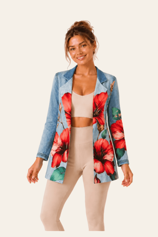Italiaanse mode casual denim look dames blazer met een grote bloemenprint
