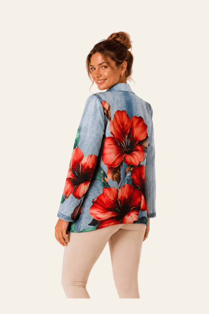 Italiaanse mode casual denim look dames blazer met een grote bloemenprint