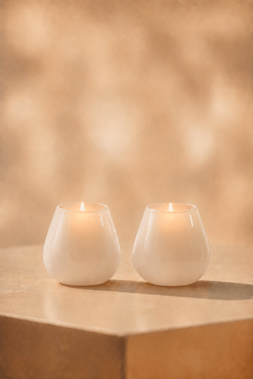 waxinelichthoudIvory oplichtende waxinelichthouder in mat ivory tint op lichtbeige tafel in geblurde achtergrond