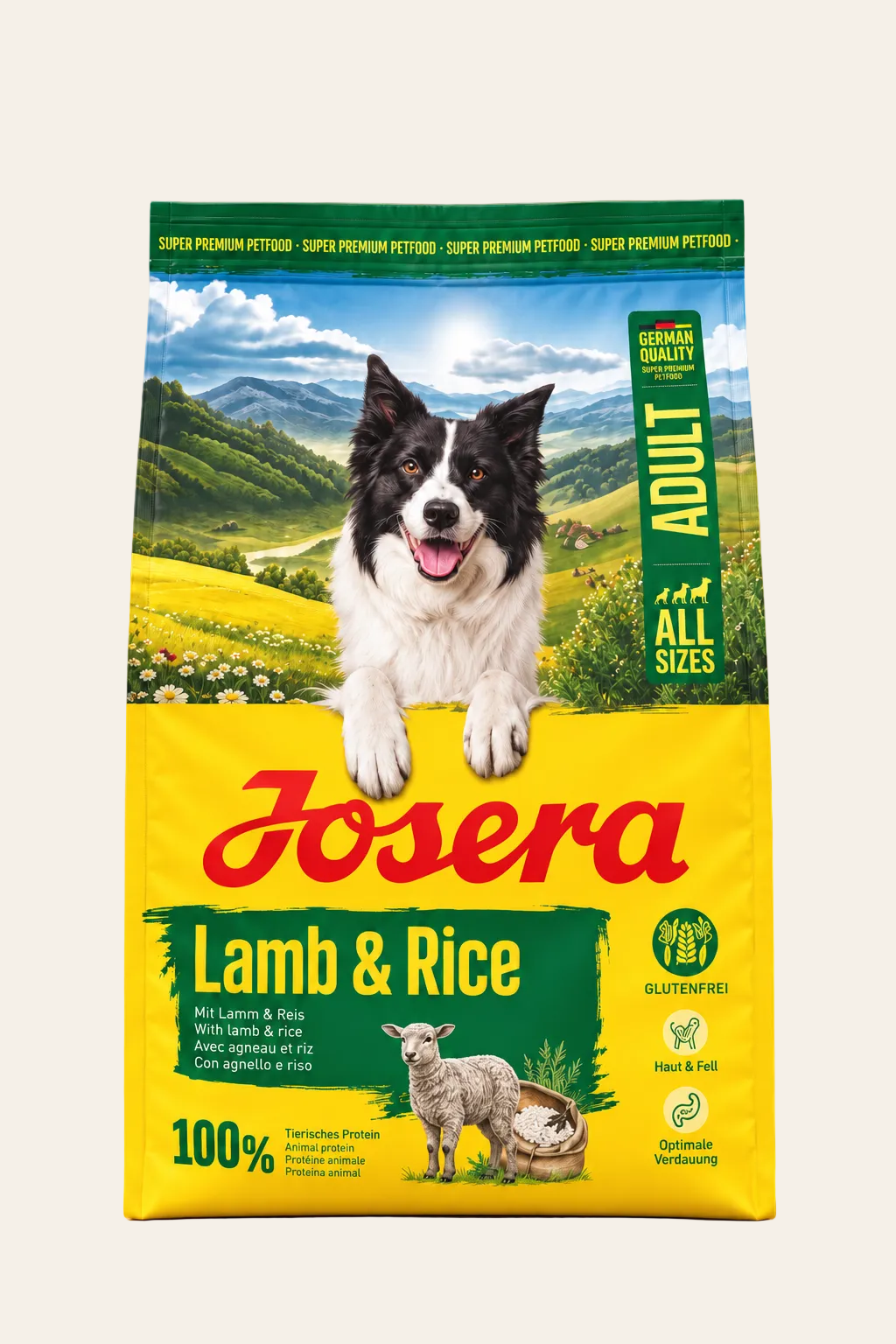 Josera All Sizes Adult Lamb & Rice hondenvoer 3 kg in gele zak, glutenvrije monoproteïnevoeding met lam voor volwassen honden