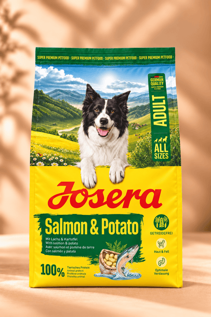 Josera All Sizes Adult Salmon & Potato hondenvoer 3 kg in gele zak met zalm en aardappel voor gevoelige volwassen honden