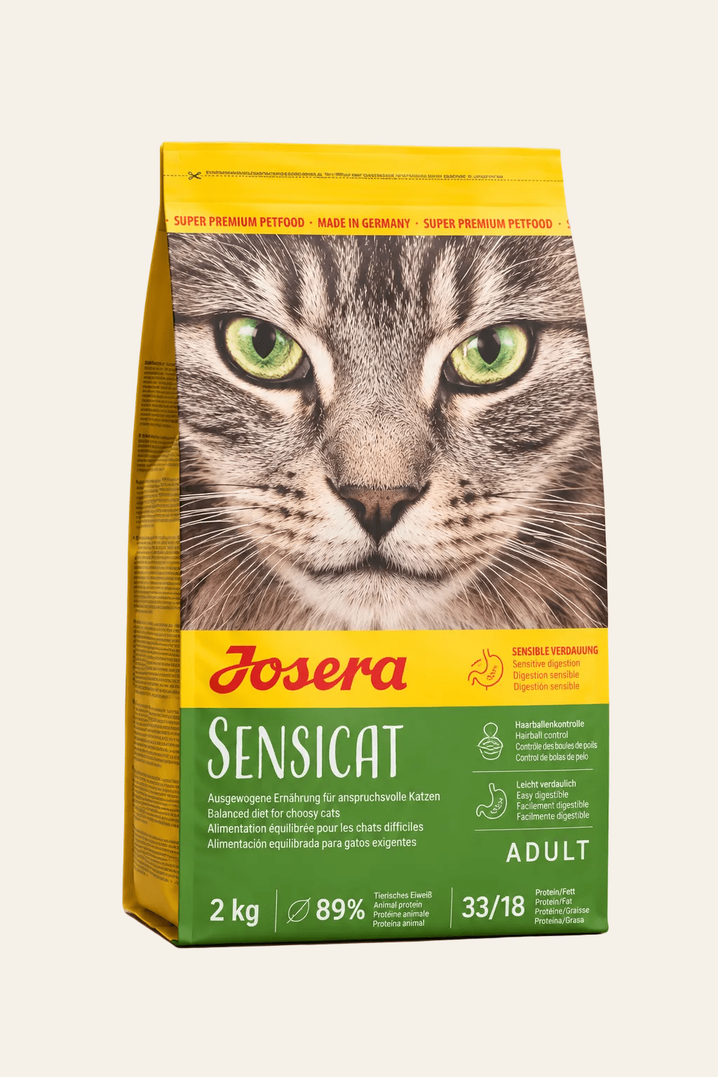 Josera SensiCat kattenbrokken 2 kg in geel-groene verpakking met grijs kattengezicht en groene ogen, voeding voor gevoelige katten.