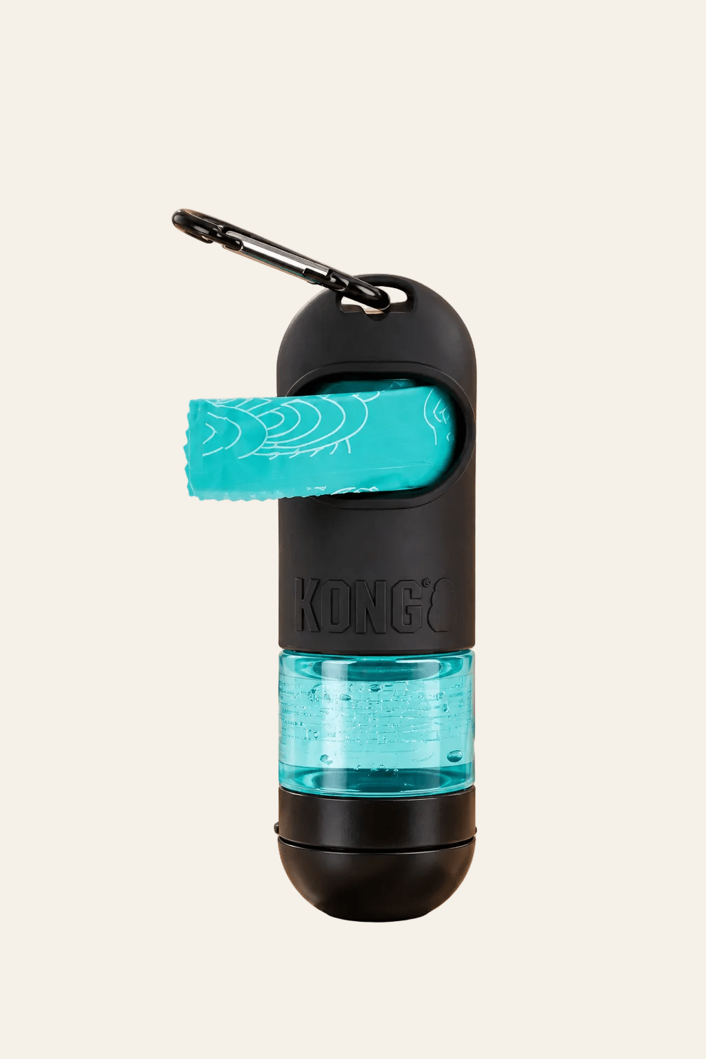 KONG HandiPOD zwarte poepzakhouder met turquoise poepzakje, transparant gelreservoir en metalen bevestigingshaak.