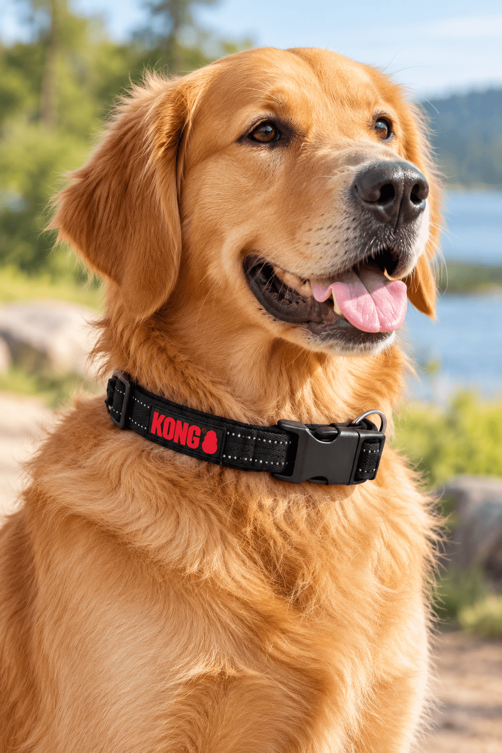 Golden retriever draagt een zwarte KONG nylon hondenhalsband met reflecterende stiksels, verstelbare sluiting en rode KONG merknaam.