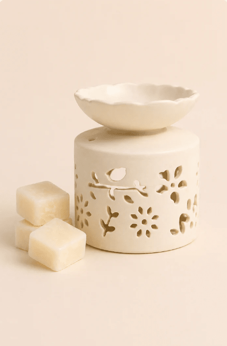 Warm geurende geschenkbox met wasmelts witte keramieken oliebrander en theelichtje