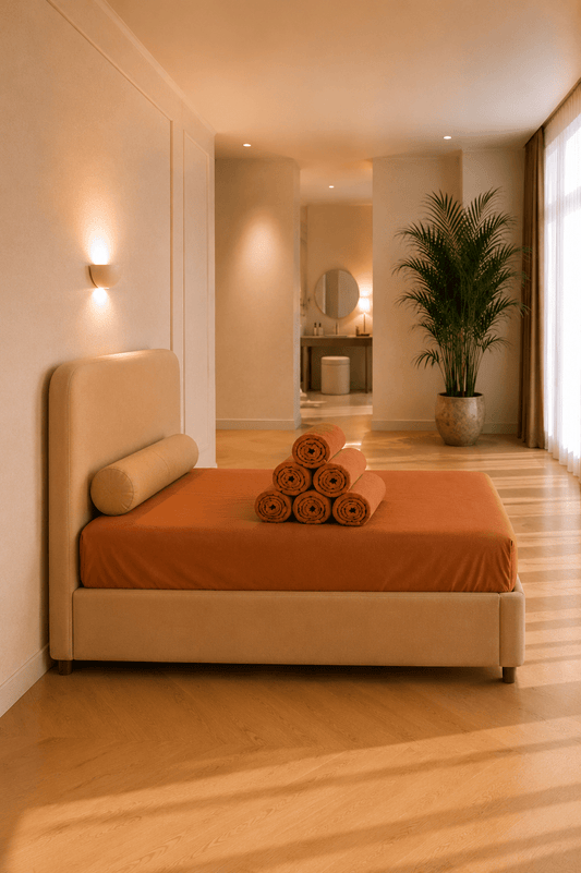Karamelkleurig percal katoenen hoeslaken op een bed, gecombineerd met een bijpassend decoratief kussen
