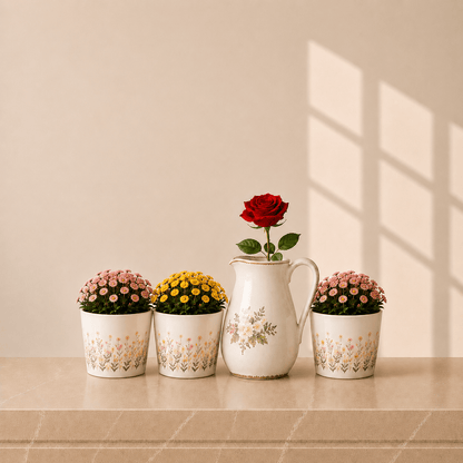 Keramiekbundel met bloemen- en vlindermotief als overzicht van de set.