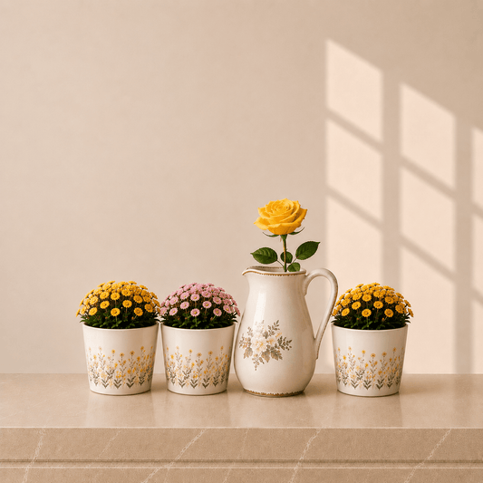 Keramiekbundel met bloempotten en decoratiekan in een decoratieve opstelling.