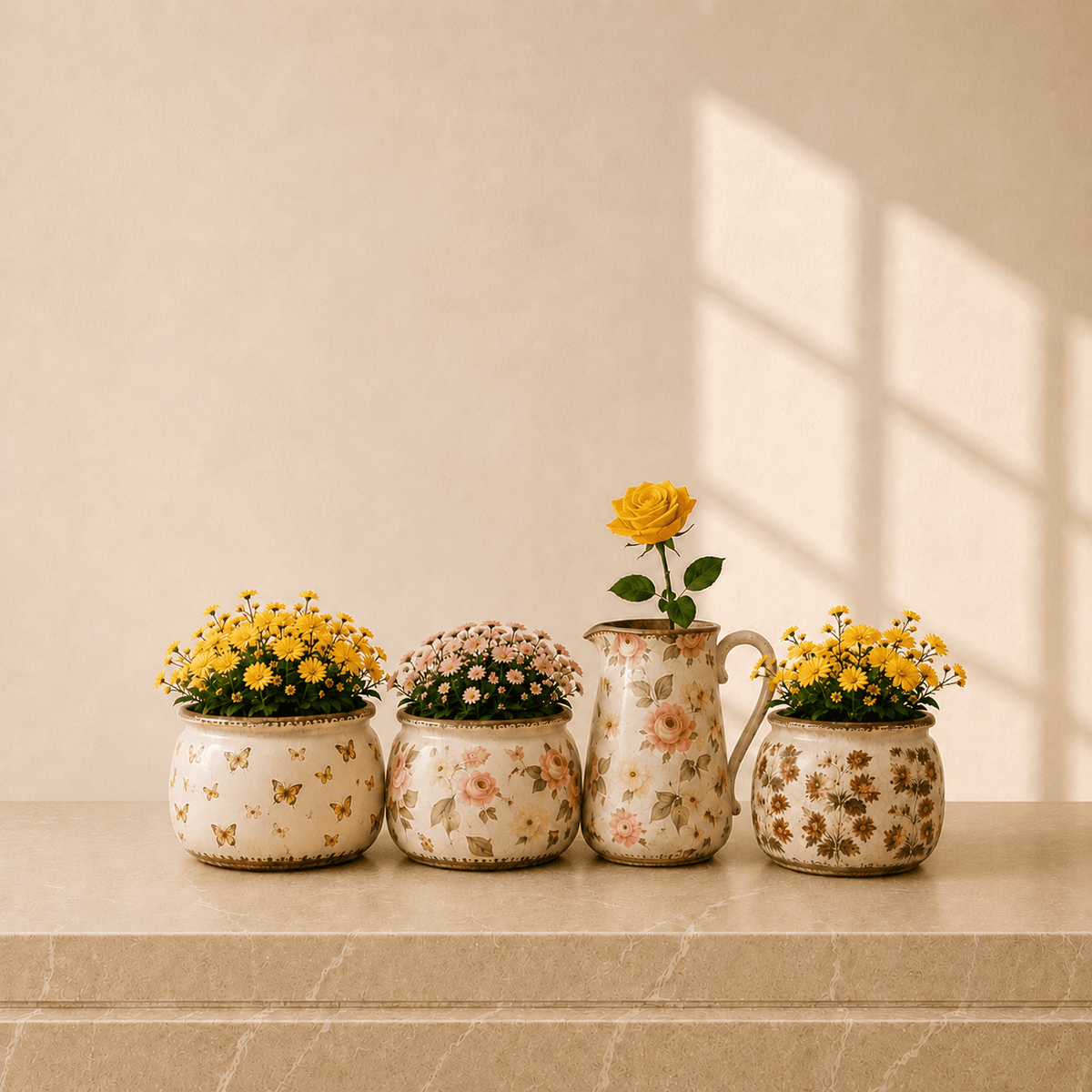 Keramiekbundel met bloempotten en decoratiekan in een decoratieve opstelling.