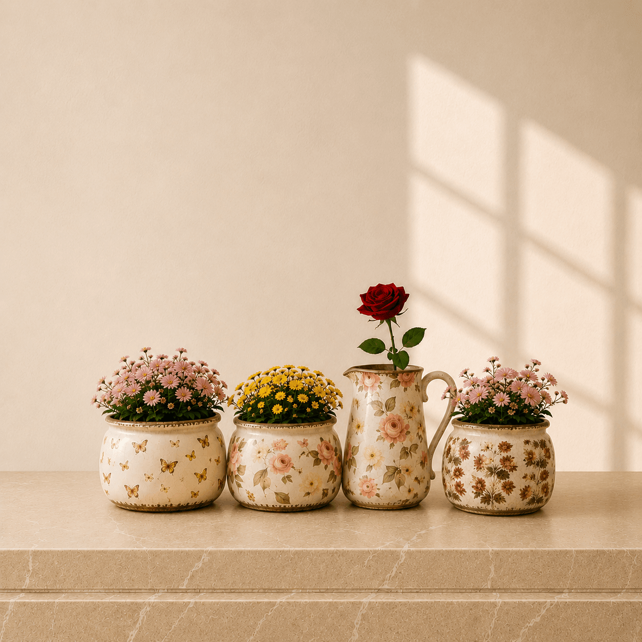 Keramiekbundel met vier bloempotten en een decoratiekan als overzicht van de set.