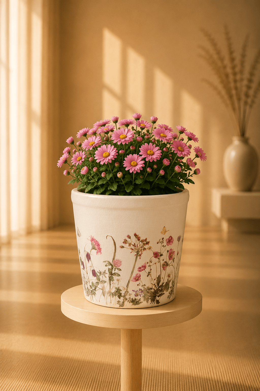 Keramische bloempot met bloemen- en vlindermotief op een ronde houten bijzettafel.