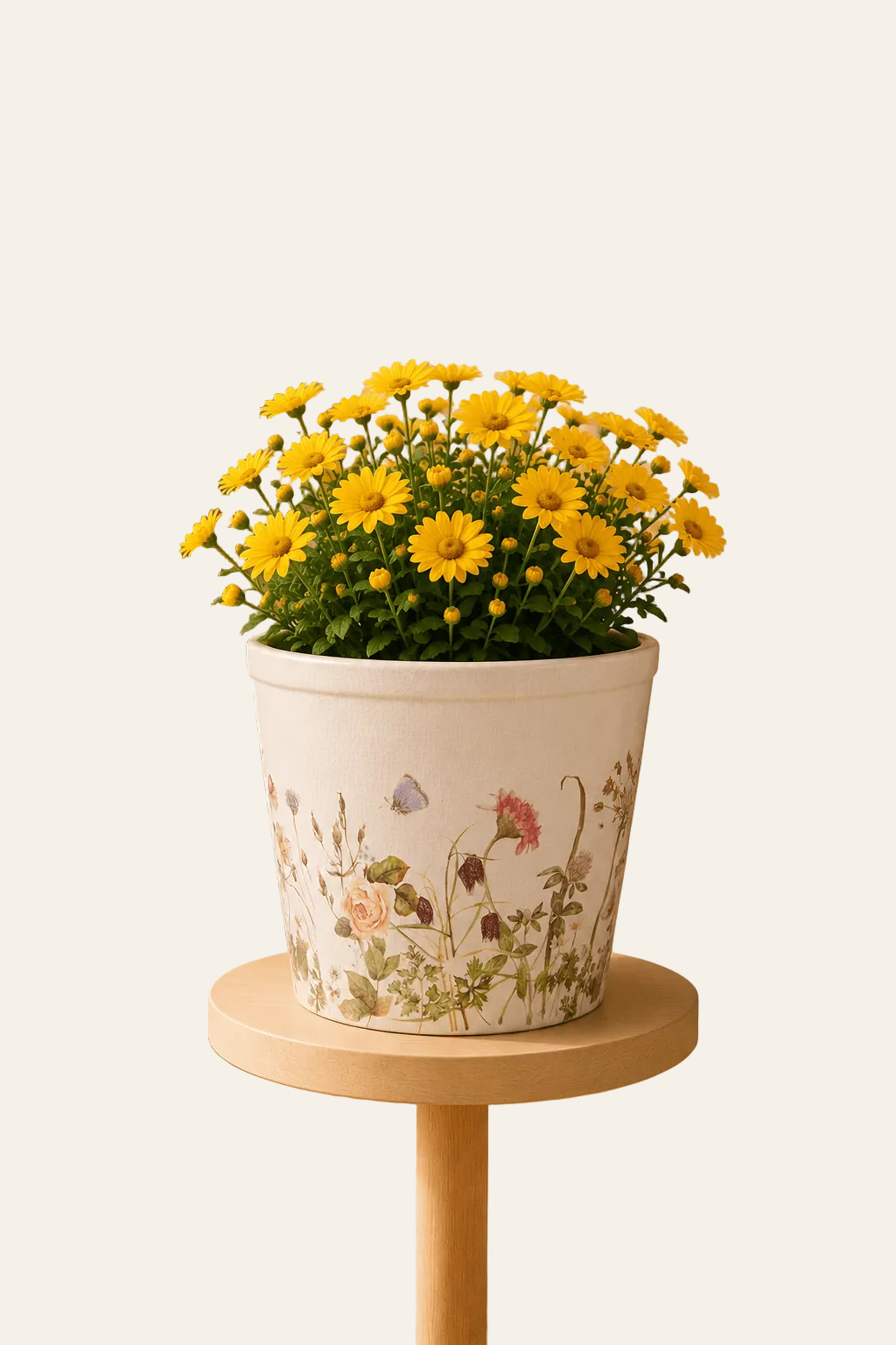 Keramische bloempot met bloemen- en vlindermotief als vrijstaand productaanzicht.
