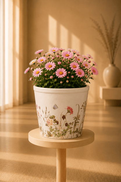 Keramische bloempot met botanisch bloemenmotief en een bloemboeket op een ronde tafel.