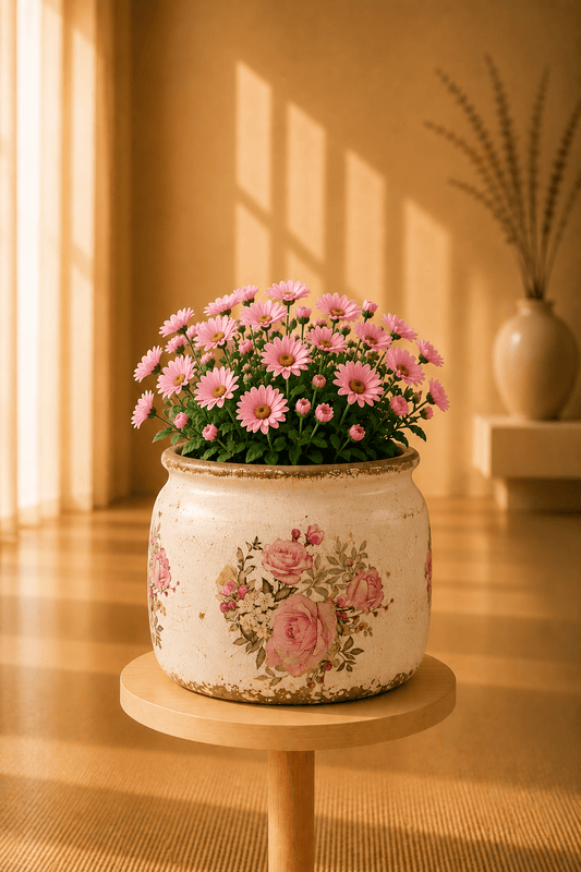 Keramische bloempot met botanisch rozenmotief en een bloemboeket op een ronde tafel.