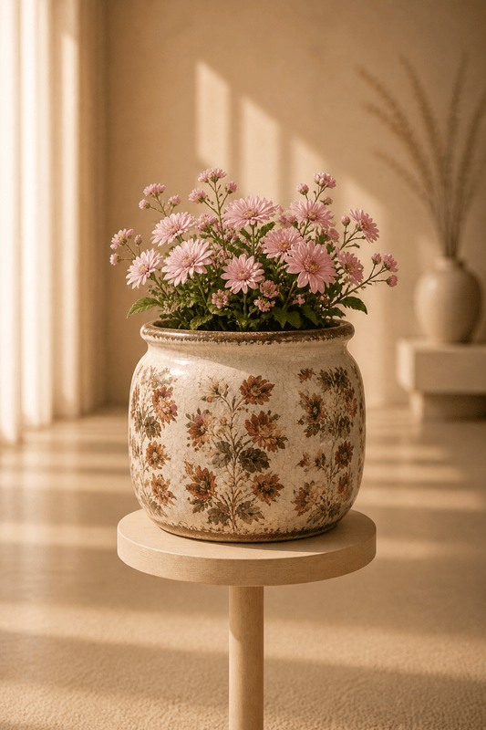 Keramische bloempot met romantisch bloemenmotief op een ronde houten bijzettafel.