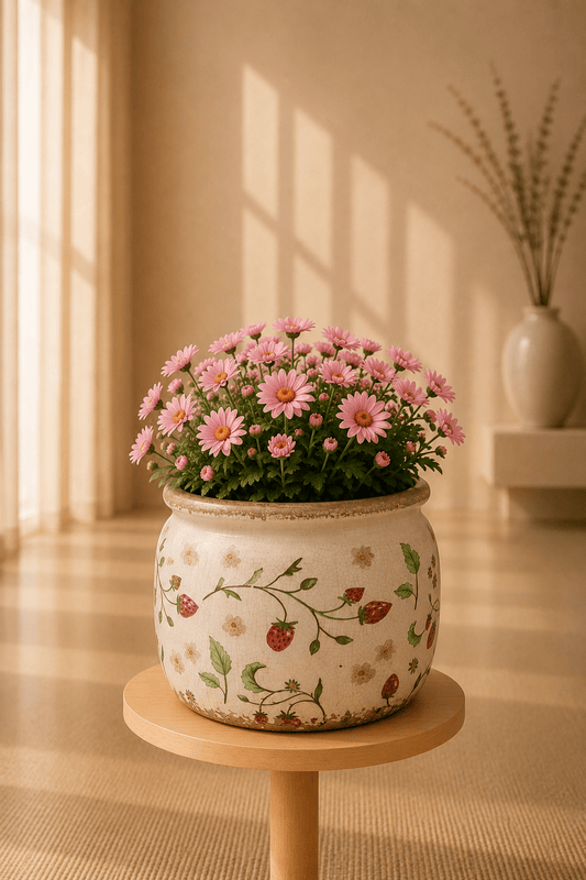 Keramische bloempot met aardbeienmotief en een bloemboeket op een ronde bijzettafel.