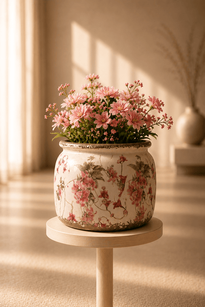 Keramische bloempot met landelijk rozenmotief op een ronde houten bijzettafel.