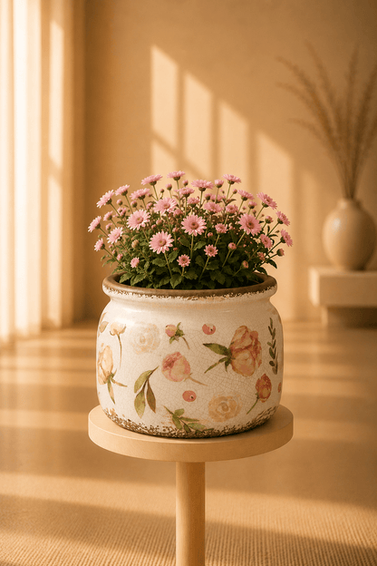 Keramische bloempot met rozenmotief in rozekleur op een ronde houten bijzettafel.