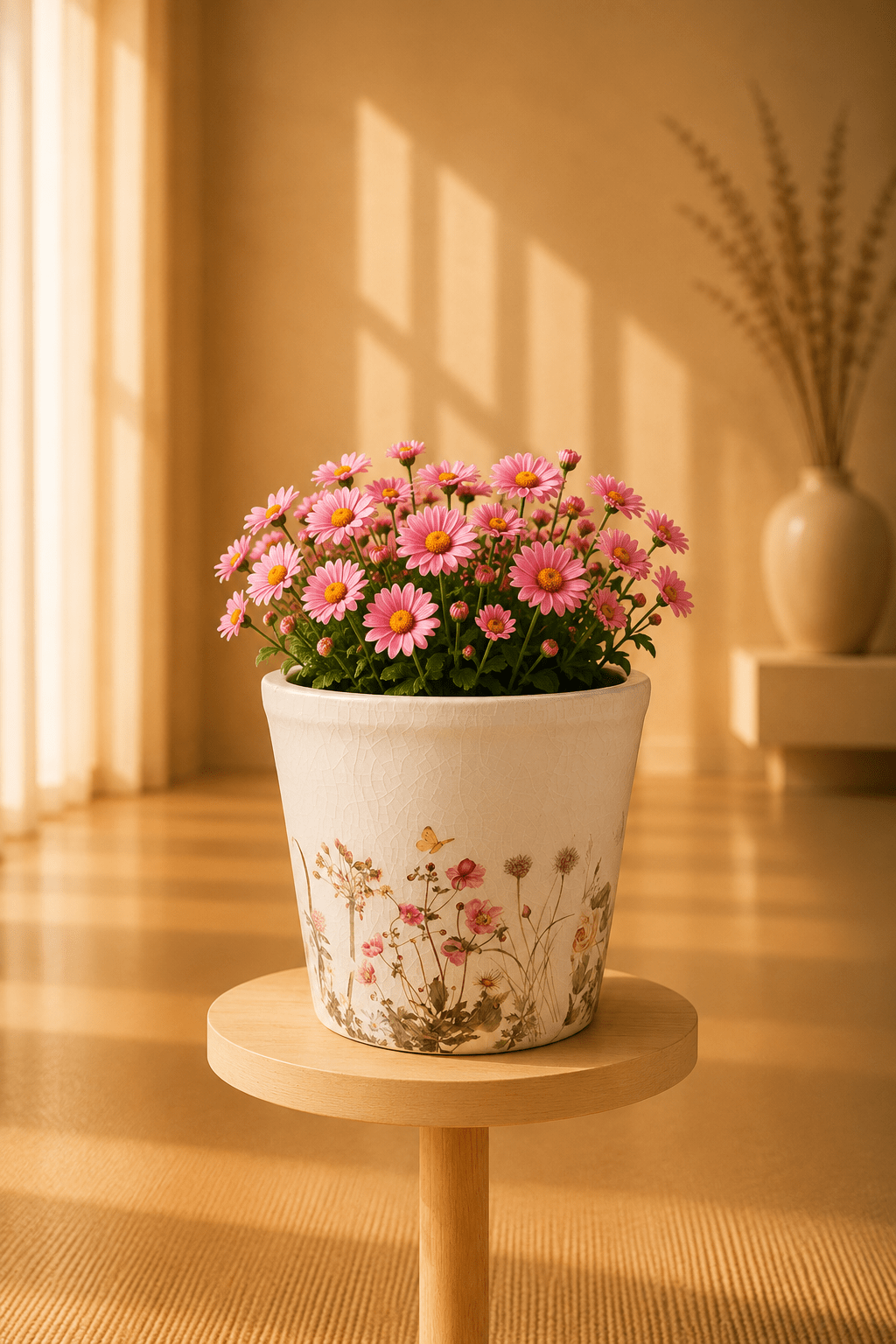 Keramische bloempot met bloemen- en vlindermotief en een bloemboeket op een ronde tafel.
