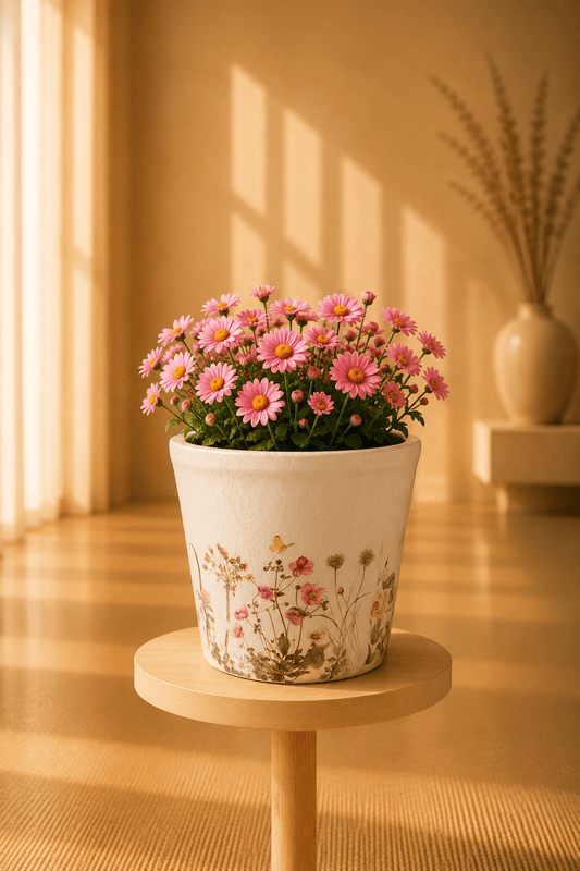 Keramische bloempot met bloemen- en vlindermotief en een bloemboeket op een ronde tafel.