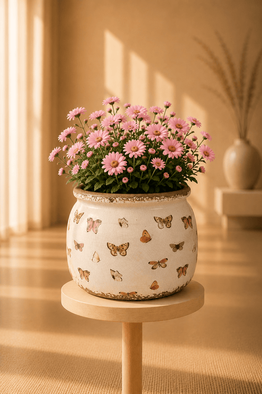 Keramische bloempot met vlindermotief op een ronde houten bijzettafel.